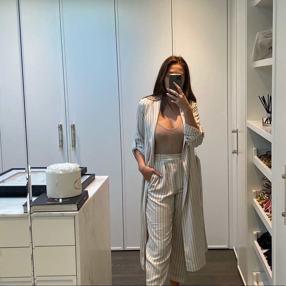 Babaton two-piece outfit, trousers and robe set.